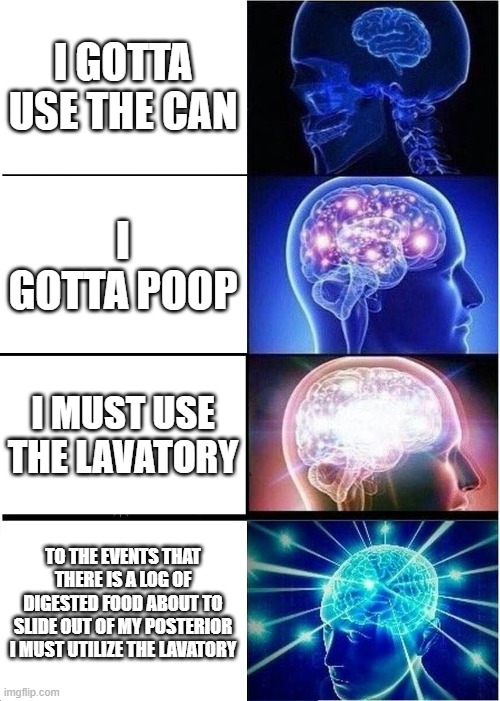 PoOp | I GOTTA USE THE CAN; I GOTTA POOP; I MUST USE THE LAVATORY; TO THE EVENTS THAT THERE IS A LOG OF DIGESTED FOOD ABOUT TO SLIDE OUT OF MY POSTERIOR I MUST UTILIZE THE LAVATORY | image tagged in memes,expanding brain | made w/ Imgflip meme maker