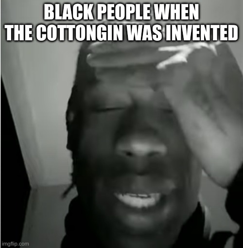 Black people need more jobs | BLACK PEOPLE WHEN THE COTTONGIN WAS INVENTED | image tagged in travis scott murderer of fans | made w/ Imgflip meme maker