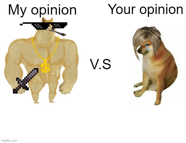 Big doge | My opinion; Your opinion; V.S | image tagged in memes,buff doge vs cheems | made w/ Imgflip meme maker