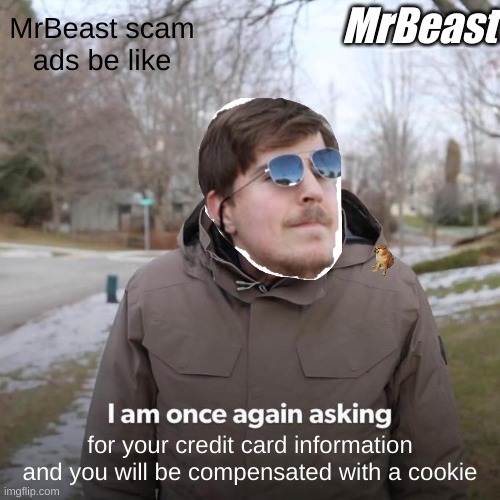 MrBeast scam ads are a problem |  MrBeast; MrBeast scam ads be like; for your credit card information and you will be compensated with a cookie | image tagged in memes,bernie i am once again asking for your support | made w/ Imgflip meme maker