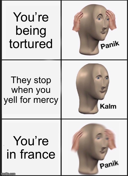 Merci… | You’re being tortured; They stop when you yell for mercy; You’re in france | image tagged in memes,panik kalm panik | made w/ Imgflip meme maker