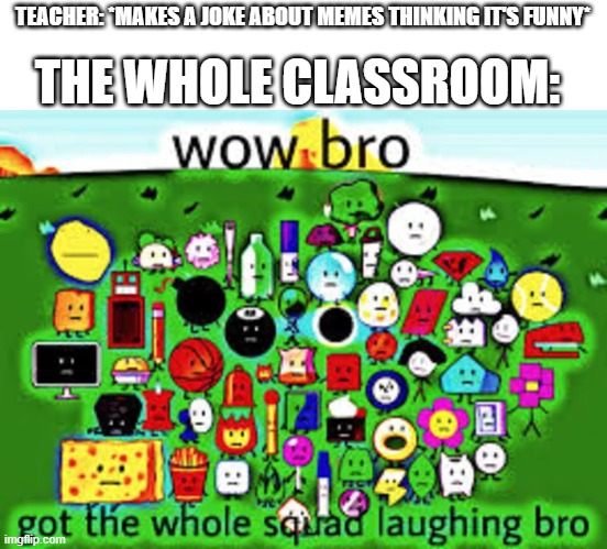 wow bro | THE WHOLE CLASSROOM:; TEACHER: *MAKES A JOKE ABOUT MEMES THINKING IT'S FUNNY* | image tagged in wow bro got the whole squad laughing bro | made w/ Imgflip meme maker