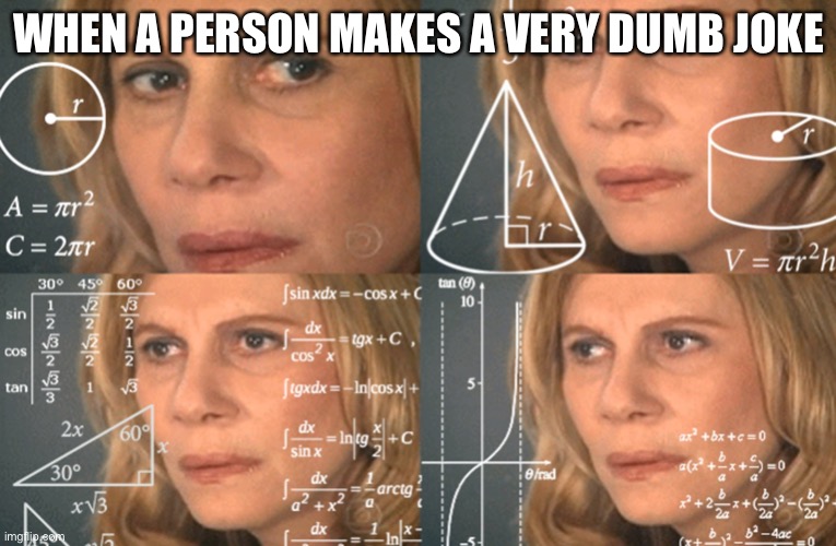 CONFUSED MATH LADY | WHEN A PERSON MAKES A VERY DUMB JOKE | image tagged in confused math lady | made w/ Imgflip meme maker