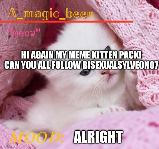 a_magic_been’s temp | HI AGAIN MY MEME KITTEN PACK! CAN YOU ALL FOLLOW BISEXUALSYLVEON07; ALRIGHT | image tagged in a_magic_been s temp | made w/ Imgflip meme maker