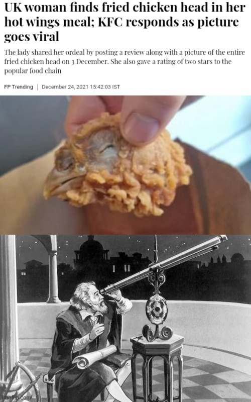 Fried chicken head | image tagged in what a discovery,fried chicken,wings,kfc,memes,news | made w/ Imgflip meme maker