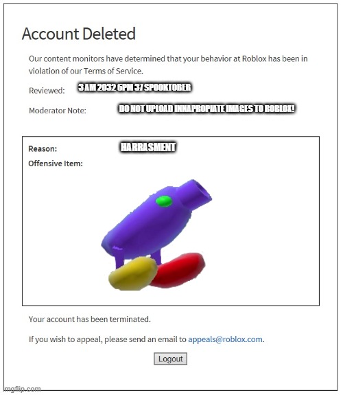 An actual ban i got | 3 AM 2032 6PM 37 SPOOKTOBER; DO NOT UPLOAD INNAPROPIATE IMAGES TO ROBLOX! HARRASMENT | image tagged in banned from roblox | made w/ Imgflip meme maker