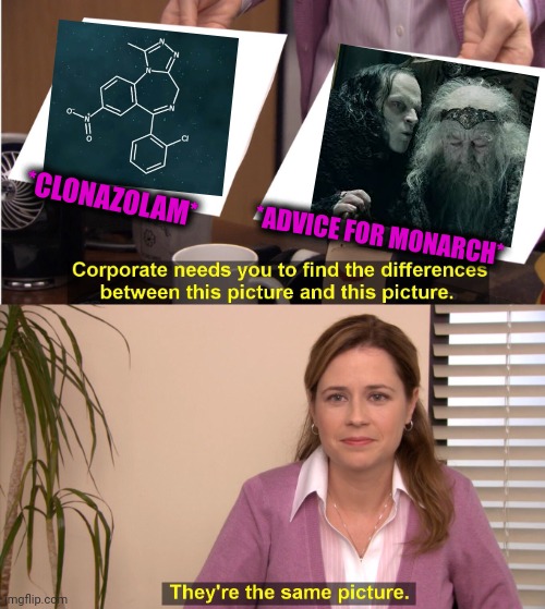 -Whisper on ear. | *CLONAZOLAM*; *ADVICE FOR MONARCH* | image tagged in memes,they're the same picture,lotr,waking up brain,chemistry,totally looks like | made w/ Imgflip meme maker