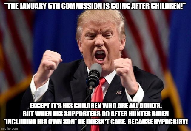 Angry Trump | "THE JANUARY 6TH COMMISSION IS GOING AFTER CHILDREN!"; EXCEPT IT'S HIS CHILDREN WHO ARE ALL ADULTS. BUT WHEN HIS SUPPORTERS GO AFTER HUNTER BIDEN *INCLUDING HIS OWN SON* HE DOESN'T CARE. BECAUSE HYPOCRISY! | image tagged in angry trump | made w/ Imgflip meme maker