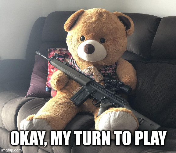 TED with Gun. | OKAY, MY TURN TO PLAY | image tagged in ted with gun | made w/ Imgflip meme maker