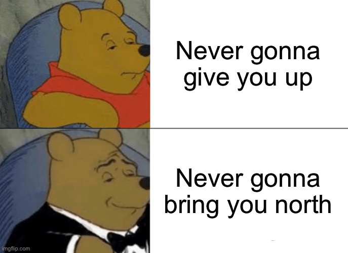 Tuxedo Winnie The Pooh | Never gonna give you up; Never gonna bring you north | image tagged in memes,tuxedo winnie the pooh | made w/ Imgflip meme maker