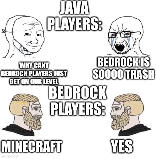 Chad we know | JAVA PLAYERS:; WHY CANT BEDROCK PLAYERS JUST GET ON OUR LEVEL; BEDROCK IS SOOOO TRASH; BEDROCK PLAYERS:; YES; MINECRAFT | image tagged in chad we know | made w/ Imgflip meme maker