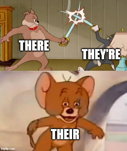 Tom and Jerry swordfight | THERE THEY'RE THEIR | image tagged in tom and jerry swordfight | made w/ Imgflip meme maker