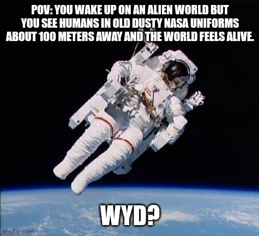 Universe in my head rp. (Glorified interactive lore dump) | POV: YOU WAKE UP ON AN ALIEN WORLD BUT YOU SEE HUMANS IN OLD DUSTY NASA UNIFORMS ABOUT 100 METERS AWAY AND THE WORLD FEELS ALIVE. WYD? | image tagged in astronaut | made w/ Imgflip meme maker