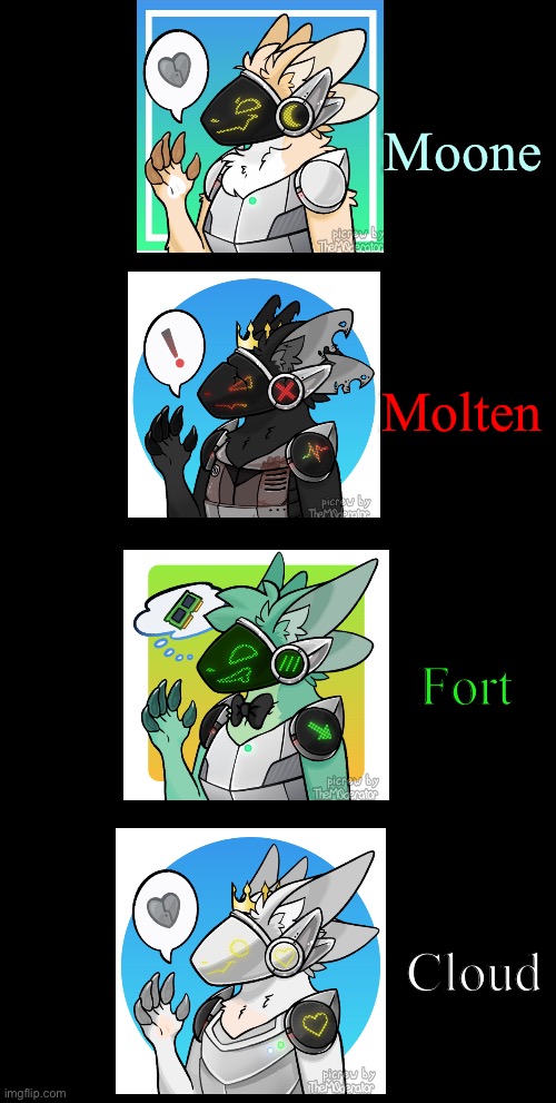 Protogen adoptables | Moone; Molten; Fort; Cloud | image tagged in medium long black,protogen | made w/ Imgflip meme maker