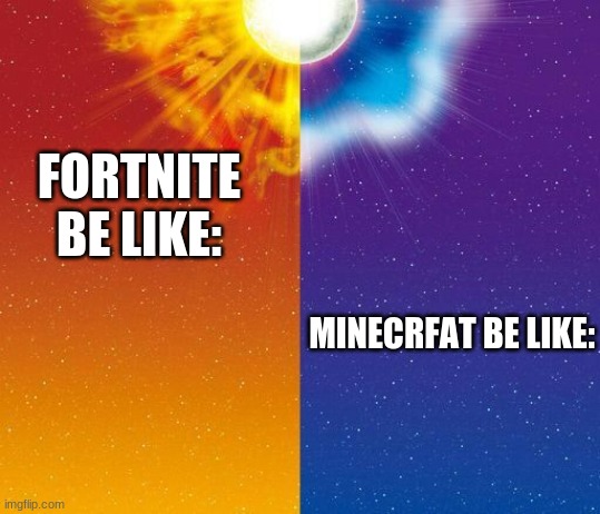 ????? | FORTNITE BE LIKE:; MINECRFAT BE LIKE: | image tagged in pokemon sun and moon background | made w/ Imgflip meme maker