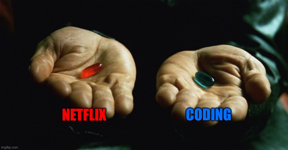 Every night | NETFLIX; CODING | image tagged in red pill blue pill | made w/ Imgflip meme maker