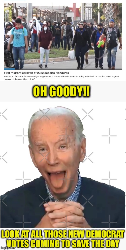 Stop the Biden invasions! | OH GOODY!! LOOK AT ALL THOSE NEW DEMOCRAT VOTES COMING TO SAVE THE DAY | image tagged in joe biden,illegal aliens,migrants,democrats,memes | made w/ Imgflip meme maker