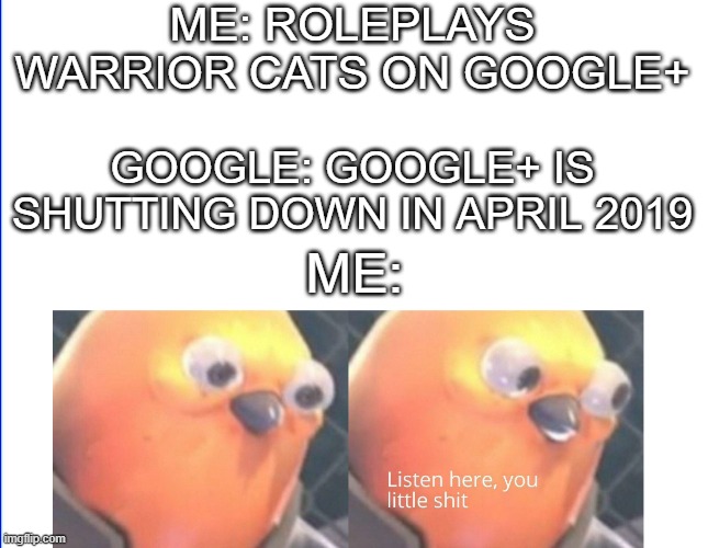 Listen Here Google |  ME: ROLEPLAYS WARRIOR CATS ON GOOGLE+; GOOGLE: GOOGLE+ IS SHUTTING DOWN IN APRIL 2019; ME: | image tagged in listen here you little shit,google,roleplaying,warrior cats,shutdown,2019 | made w/ Imgflip meme maker