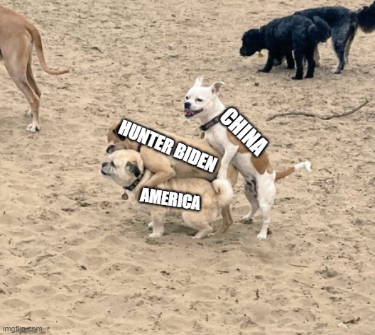 three dog night | CHINA; HUNTER BIDEN; AMERICA | image tagged in the canine centipede | made w/ Imgflip meme maker