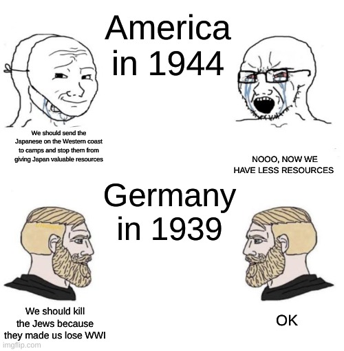 History Meme | America in 1944; NOOO, NOW WE HAVE LESS RESOURCES; We should send the Japanese on the Western coast to camps and stop them from giving Japan valuable resources; Germany in 1939; We should kill the Jews because they made us lose WWI; OK | image tagged in soy boy chad | made w/ Imgflip meme maker