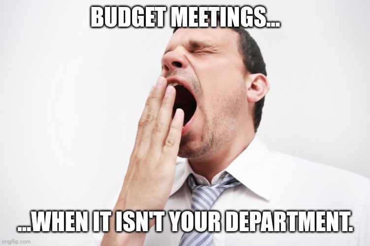 yawn | BUDGET MEETINGS... ...WHEN IT ISN'T YOUR DEPARTMENT. | image tagged in yawn | made w/ Imgflip meme maker