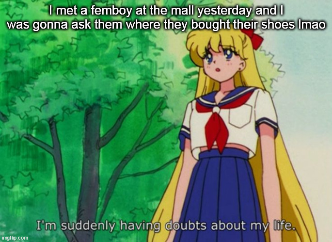 I'm suddenly having doubts about my life | I met a femboy at the mall yesterday and I was gonna ask them where they bought their shoes lmao | image tagged in i'm suddenly having doubts about my life | made w/ Imgflip meme maker