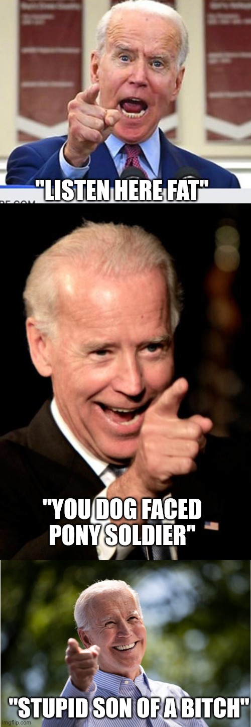 81 MILLION VOTES GUYS | "LISTEN HERE FAT"; "YOU DOG FACED PONY SOLDIER"; "STUPID SON OF A BITCH" | image tagged in joe biden no malarkey,memes,smilin biden,joe biden | made w/ Imgflip meme maker