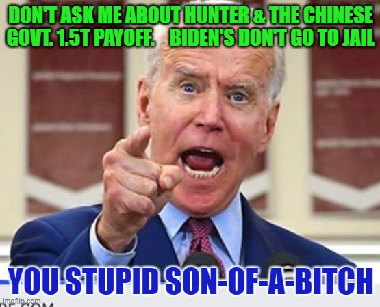 Joe Biden no malarkey | DON'T ASK ME ABOUT HUNTER & THE CHINESE GOVT. 1.5T PAYOFF.    BIDEN'S DON'T GO TO JAIL; YOU STUPID SON-OF-A-BITCH | image tagged in joe biden no malarkey | made w/ Imgflip meme maker