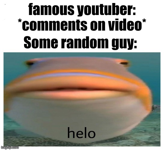 helo fish | famous youtuber: *comments on video*; Some random guy: | image tagged in helo fish | made w/ Imgflip meme maker