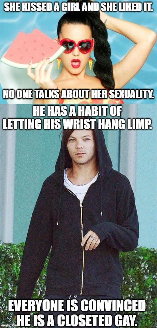 I couldn't let this go to waste | SHE KISSED A GIRL AND SHE LIKED IT. NO ONE TALKS ABOUT HER SEXUALITY. HE HAS A HABIT OF LETTING HIS WRIST HANG LIMP. EVERYONE IS CONVINCED HE IS A CLOSETED GAY. | image tagged in katy perry fan | made w/ Imgflip meme maker