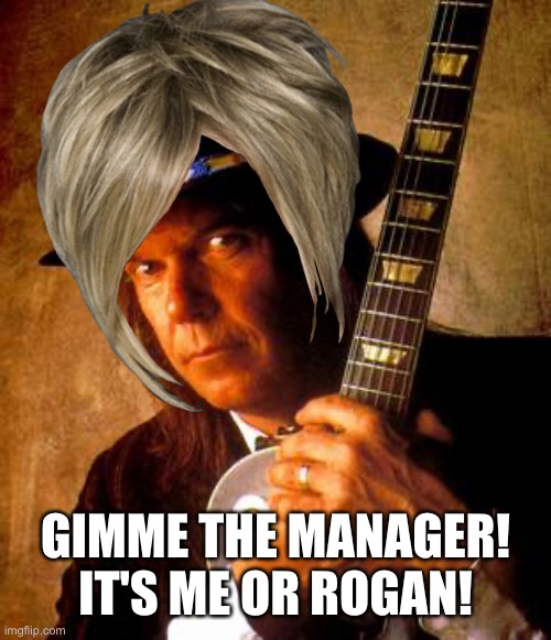 There's something happening here | GIMME THE MANAGER!
IT'S ME OR ROGAN! | image tagged in young,spotify | made w/ Imgflip meme maker