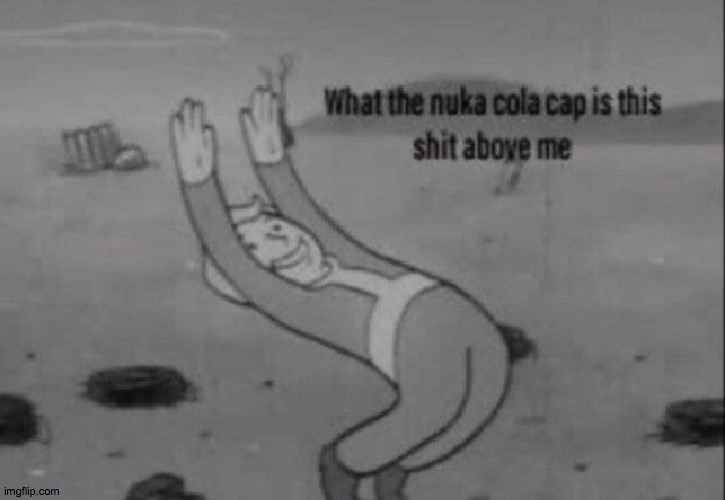 fallout what in the nuka cola cap is this above me | image tagged in fallout what in the nuka cola cap is this above me | made w/ Imgflip meme maker