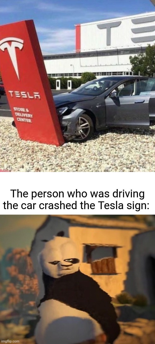 Tesla | The person who was driving the car crashed the Tesla sign: | image tagged in drunk kung fu panda,tesla,funny,memes,you had one job,you had one job just the one | made w/ Imgflip meme maker