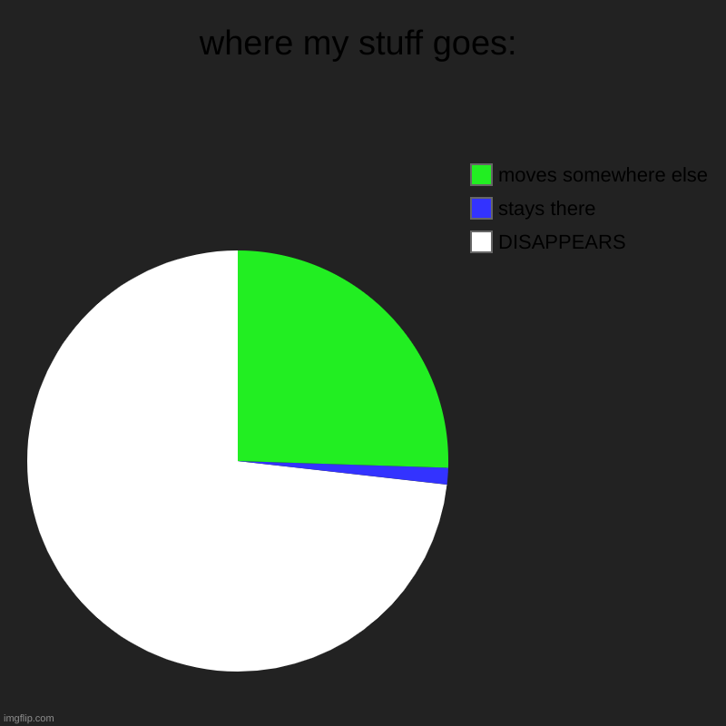 NO GOD NO | where my stuff goes: | DISAPPEARS, stays there, moves somewhere else | image tagged in charts,pie charts | made w/ Imgflip chart maker