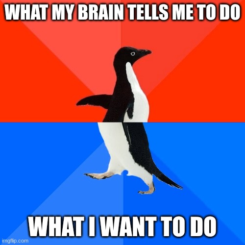 ...... | WHAT MY BRAIN TELLS ME TO DO; WHAT I WANT TO DO | image tagged in memes,socially awesome awkward penguin,life | made w/ Imgflip meme maker