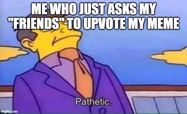 skinner pathetic | ME WHO JUST ASKS MY "FRIENDS" TO UPVOTE MY MEME | image tagged in skinner pathetic | made w/ Imgflip meme maker