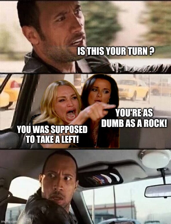 It Was A Left | IS THIS YOUR TURN ? YOU'RE AS DUMB AS A ROCK! YOU WAS SUPPOSED TO TAKE A LEFT! | image tagged in the rock,the rock driving,woman yelling at cat,well yes but actually no,well that escalated quickly | made w/ Imgflip meme maker