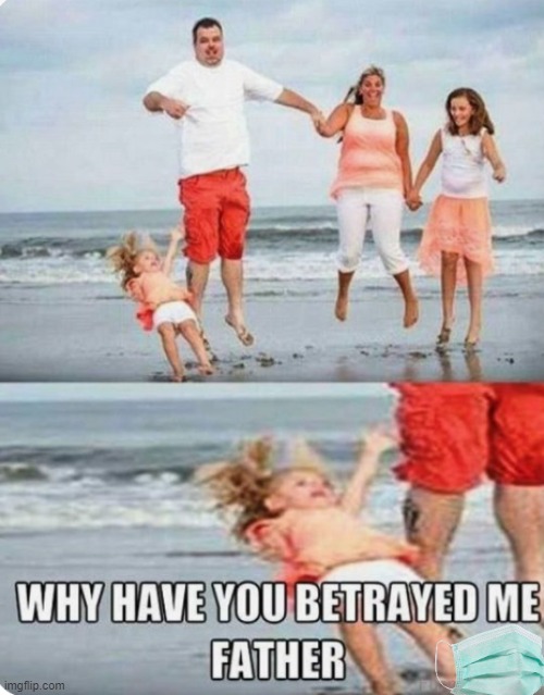 Father, how could you? | image tagged in why must you hurt me in this way,father,betrayal,luna_the_dragon,beach | made w/ Imgflip meme maker