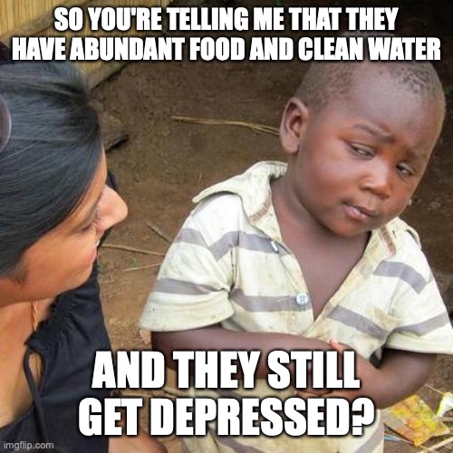 Third World Skeptical Kid | SO YOU'RE TELLING ME THAT THEY HAVE ABUNDANT FOOD AND CLEAN WATER; AND THEY STILL GET DEPRESSED? | image tagged in memes,third world skeptical kid | made w/ Imgflip meme maker