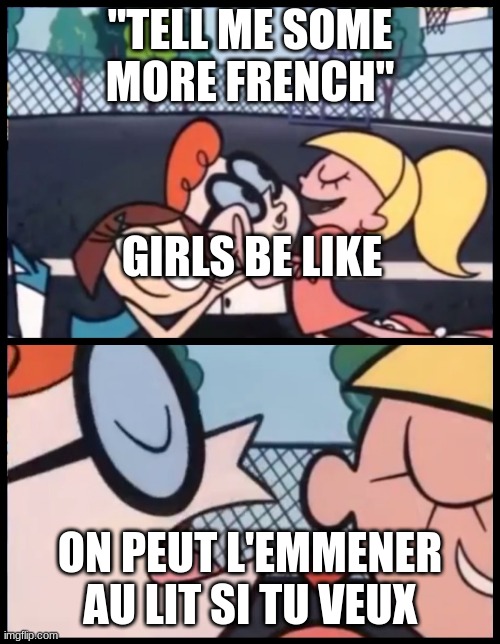 girls be like | "TELL ME SOME MORE FRENCH"; GIRLS BE LIKE; ON PEUT L'EMMENER AU LIT SI TU VEUX | image tagged in memes,say it again dexter | made w/ Imgflip meme maker