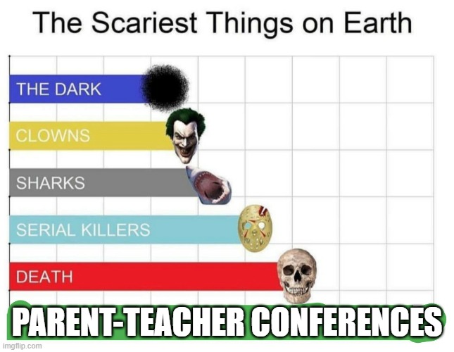 Let's be honest-None of us look forward to this | PARENT-TEACHER CONFERENCES | image tagged in scariest things on earth | made w/ Imgflip meme maker