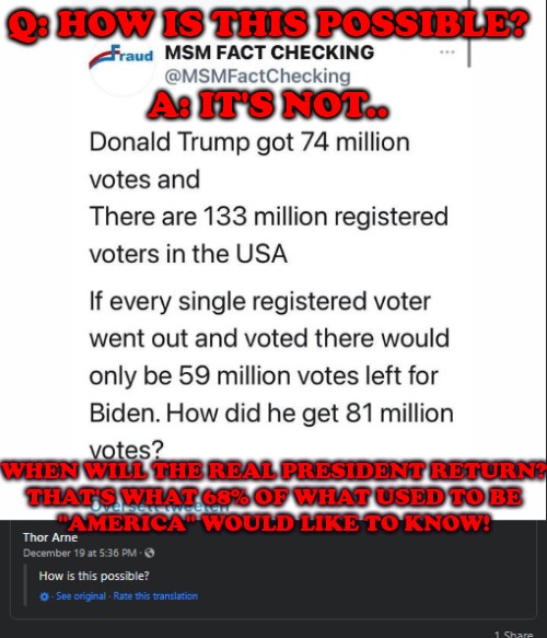 Unguided State Of Plan-Democ-Rats | Q: HOW IS THIS POSSIBLE?
 
A: IT'S NOT.. WHEN WILL THE REAL PRESIDENT RETURN?
THAT'S WHAT 68% OF WHAT USED TO BE
"AMERICA" WOULD LIKE TO KNOW! | image tagged in this has never been truly debunked,election fraud,voter fraud,bullshit,trump won 2020,the immaculate deception | made w/ Imgflip meme maker