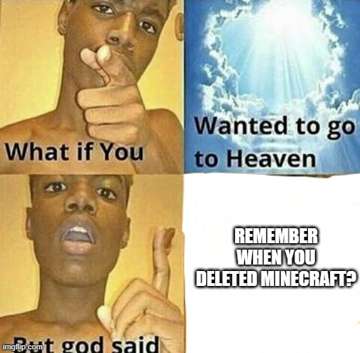 minecraft thingy im running out of titles already | REMEMBER WHEN YOU DELETED MINECRAFT? | image tagged in what if you wanted to go to heaven | made w/ Imgflip meme maker