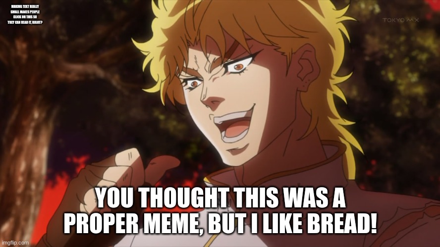 Why did I do this? I question myself sometimes... |  MAKING TEXT REALLY SMALL MAKES PEOPLE CLICK ON THIS SO THEY CAN READ IT, RIGHT? YOU THOUGHT THIS WAS A PROPER MEME, BUT I LIKE BREAD! | image tagged in kono dio da,bread | made w/ Imgflip meme maker