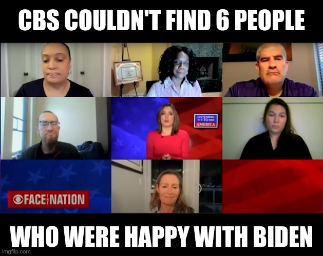 It's sad when you can't weight your sample enough to counteract your misdeeds |  CBS COULDN'T FIND 6 PEOPLE; WHO WERE HAPPY WITH BIDEN | image tagged in biden,failure,cbs | made w/ Imgflip meme maker
