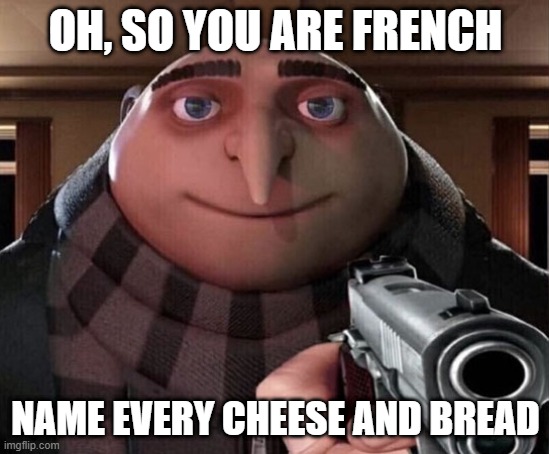 oh,so you are french | OH, SO YOU ARE FRENCH; NAME EVERY CHEESE AND BREAD | image tagged in gru gun,memes,funny memes | made w/ Imgflip meme maker