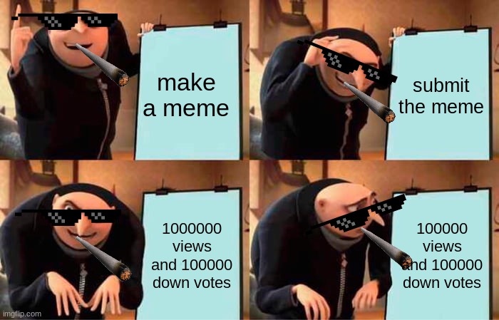 Gru's Plan Meme | make a meme; submit the meme; 1000000 views and 100000 down votes; 100000 views and 100000 down votes | image tagged in memes,gru's plan,funny,lol | made w/ Imgflip meme maker