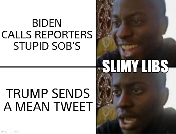 Yep, they are slimy hypocrites. | BIDEN CALLS REPORTERS STUPID SOB'S; SLIMY LIBS; TRUMP SENDS A MEAN TWEET | image tagged in oh yeah oh no | made w/ Imgflip meme maker