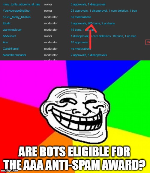 just curious |  ARE BOTS ELIGIBLE FOR THE AAA ANTI-SPAM AWARD? | image tagged in memes,troll face colored | made w/ Imgflip meme maker