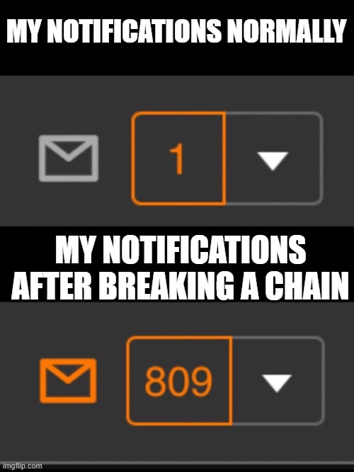 Chains annoy me. |  MY NOTIFICATIONS NORMALLY; MY NOTIFICATIONS AFTER BREAKING A CHAIN | image tagged in 1 notification vs 809 notifications with message,chain,memes,notifications,why are you reading this,gifs | made w/ Imgflip meme maker